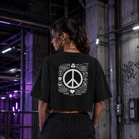 PEACE. LOVE. TECHNO. - Oversized Cropped Tee