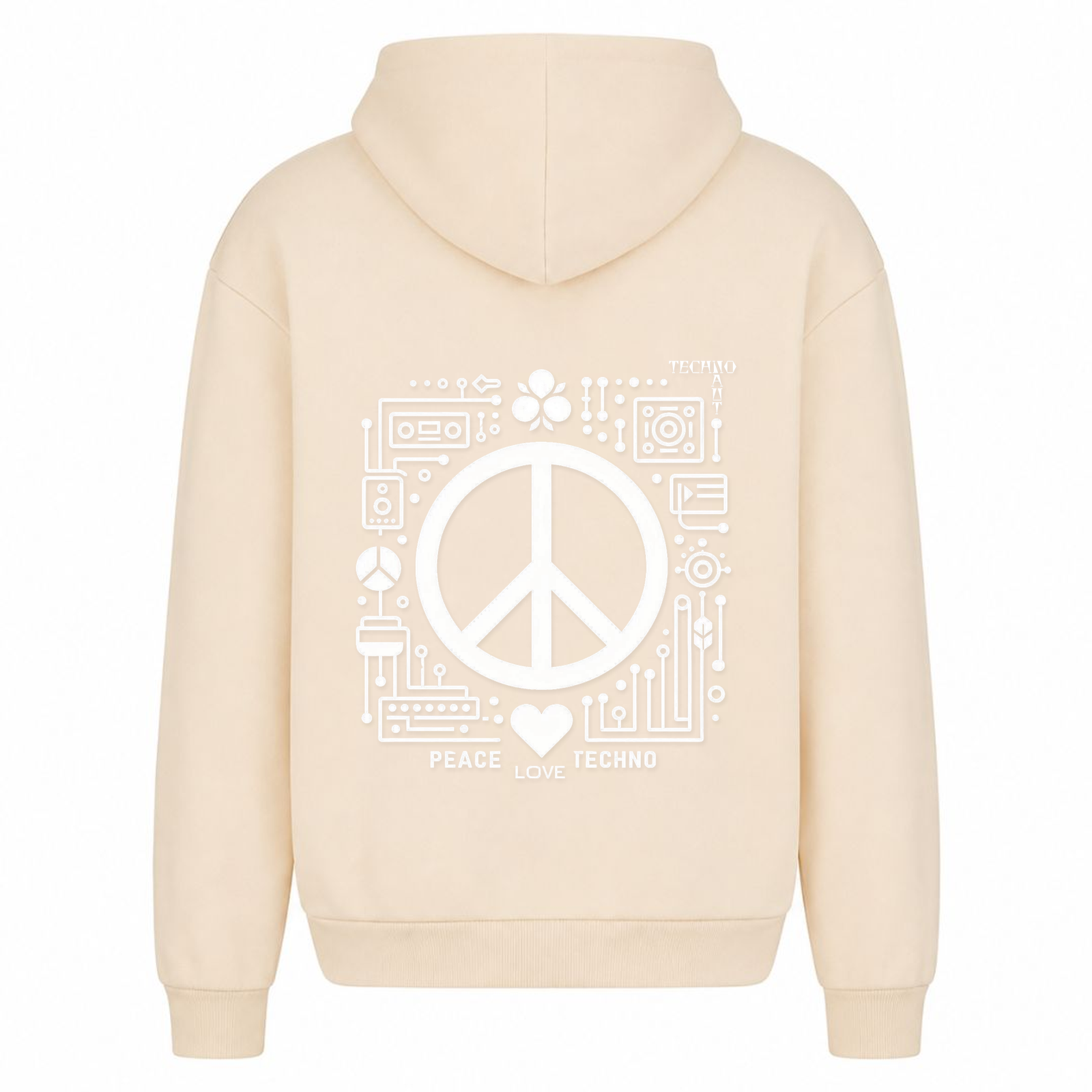 PEACE. LOVE. TECHNO. - Oversized Hoodie - White Sand