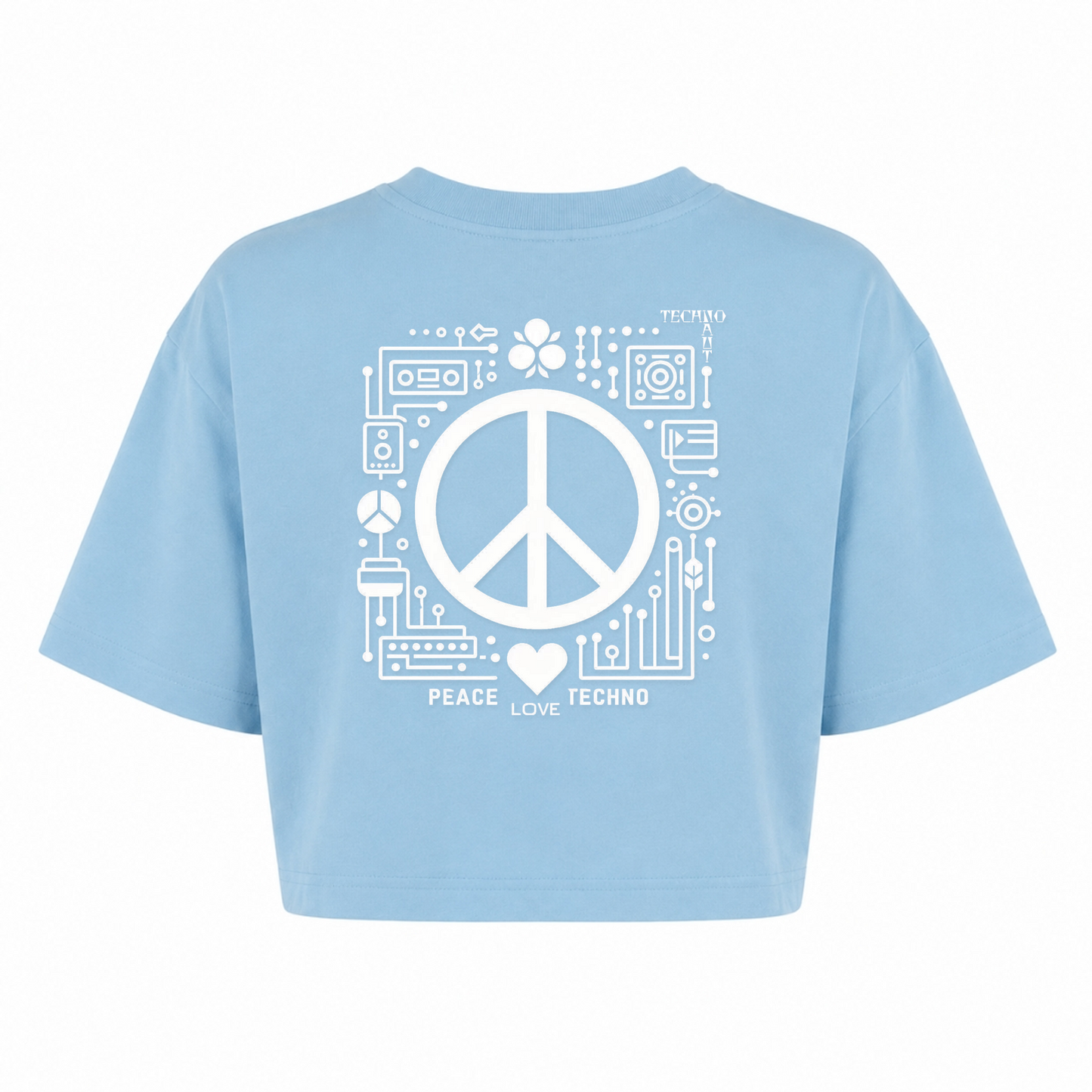 PEACE. LOVE. TECHNO. - Oversized Cropped Tee - powder blue