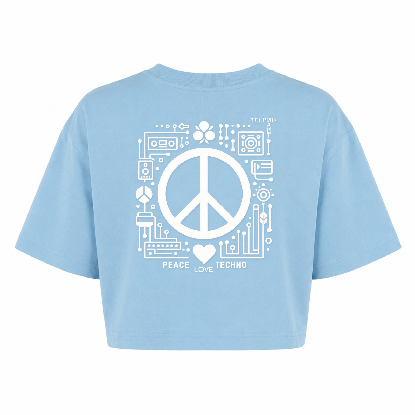 PEACE. LOVE. TECHNO. - Oversized Cropped Tee - powder blue