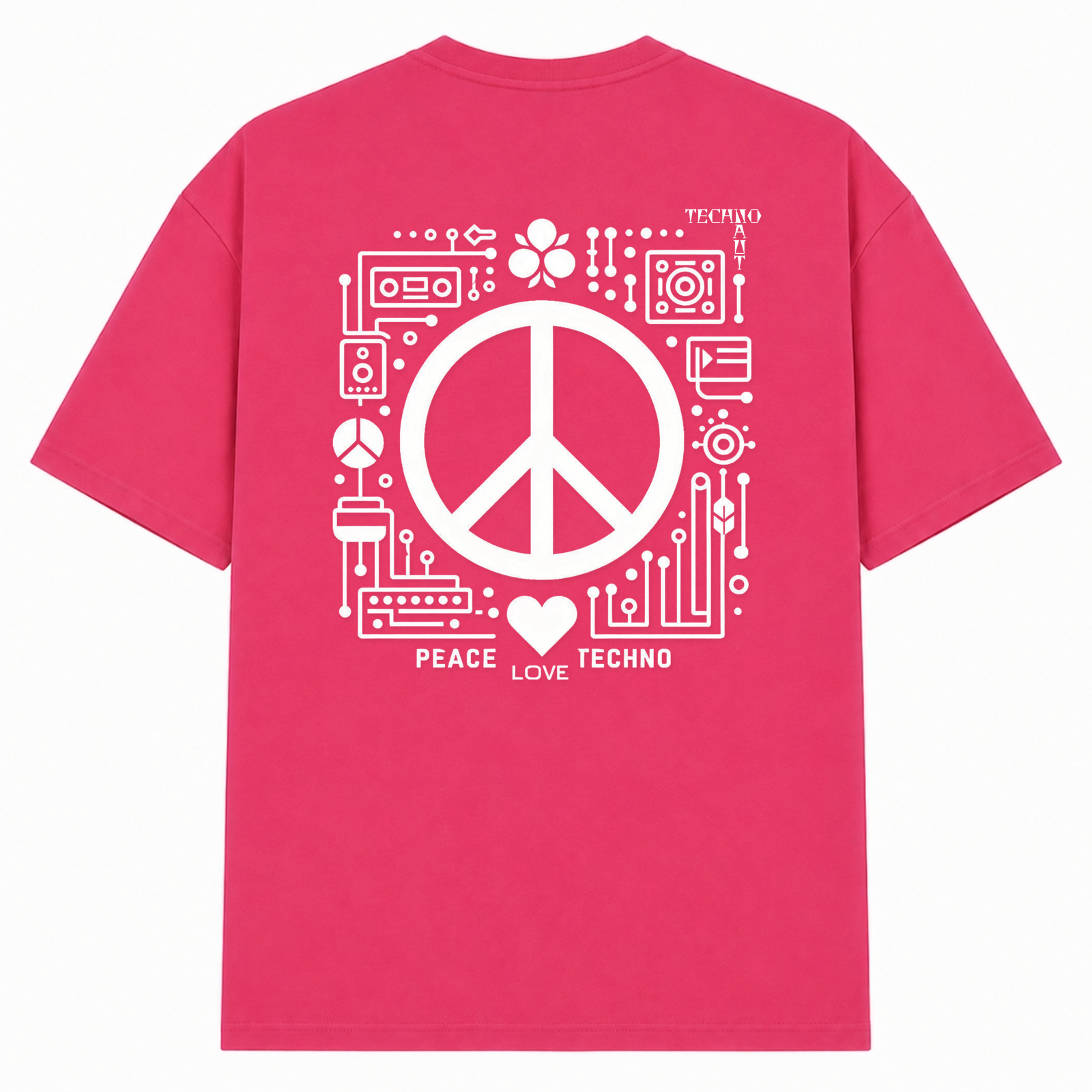 PEACE. LOVE. TECHNO. - Oversized Shirt - Hibiskus Pink