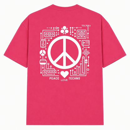 PEACE. LOVE. TECHNO. - Oversized Shirt - Hibiskus Pink